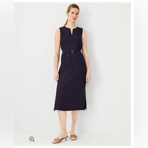 NWT Ann Taylor Navy Split Neck Belted Midi Dress